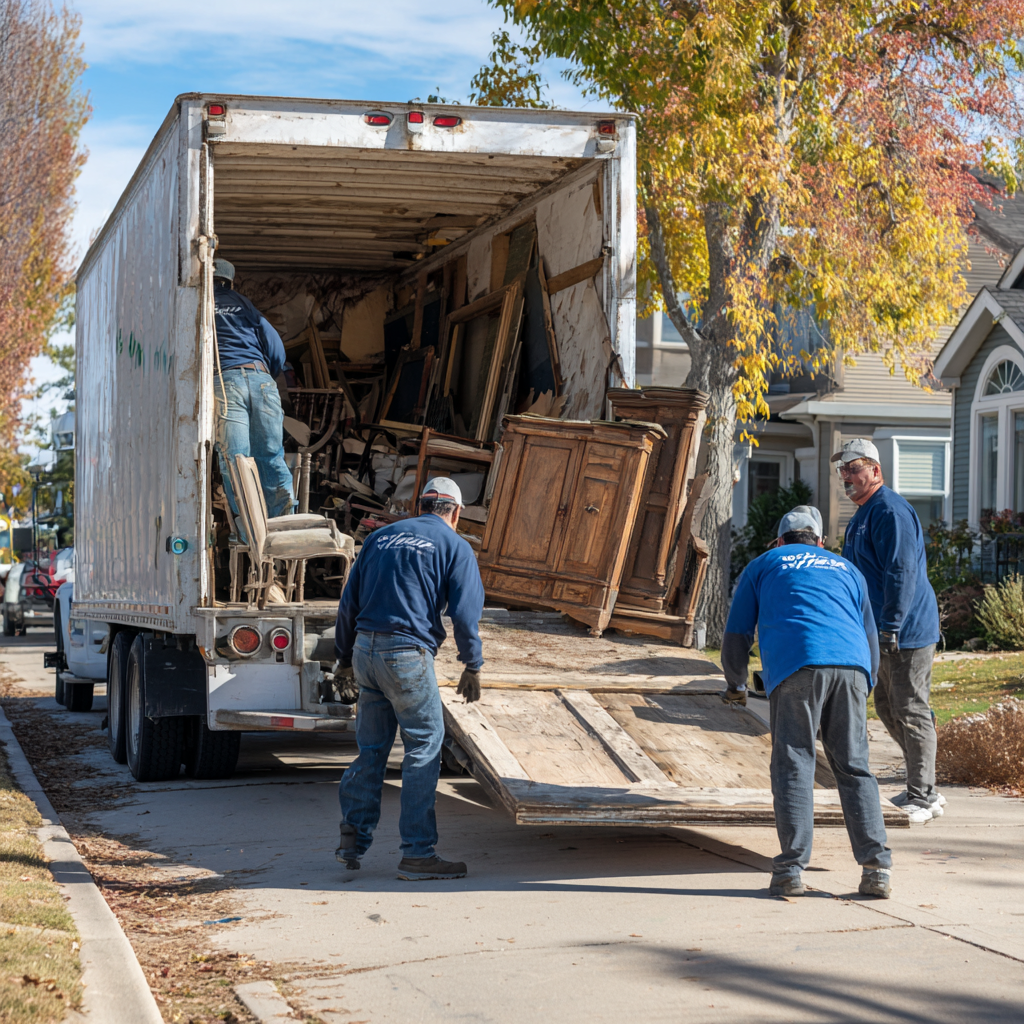 Professional furniture removal team loading wooden furniture into truck in Lincoln, NE